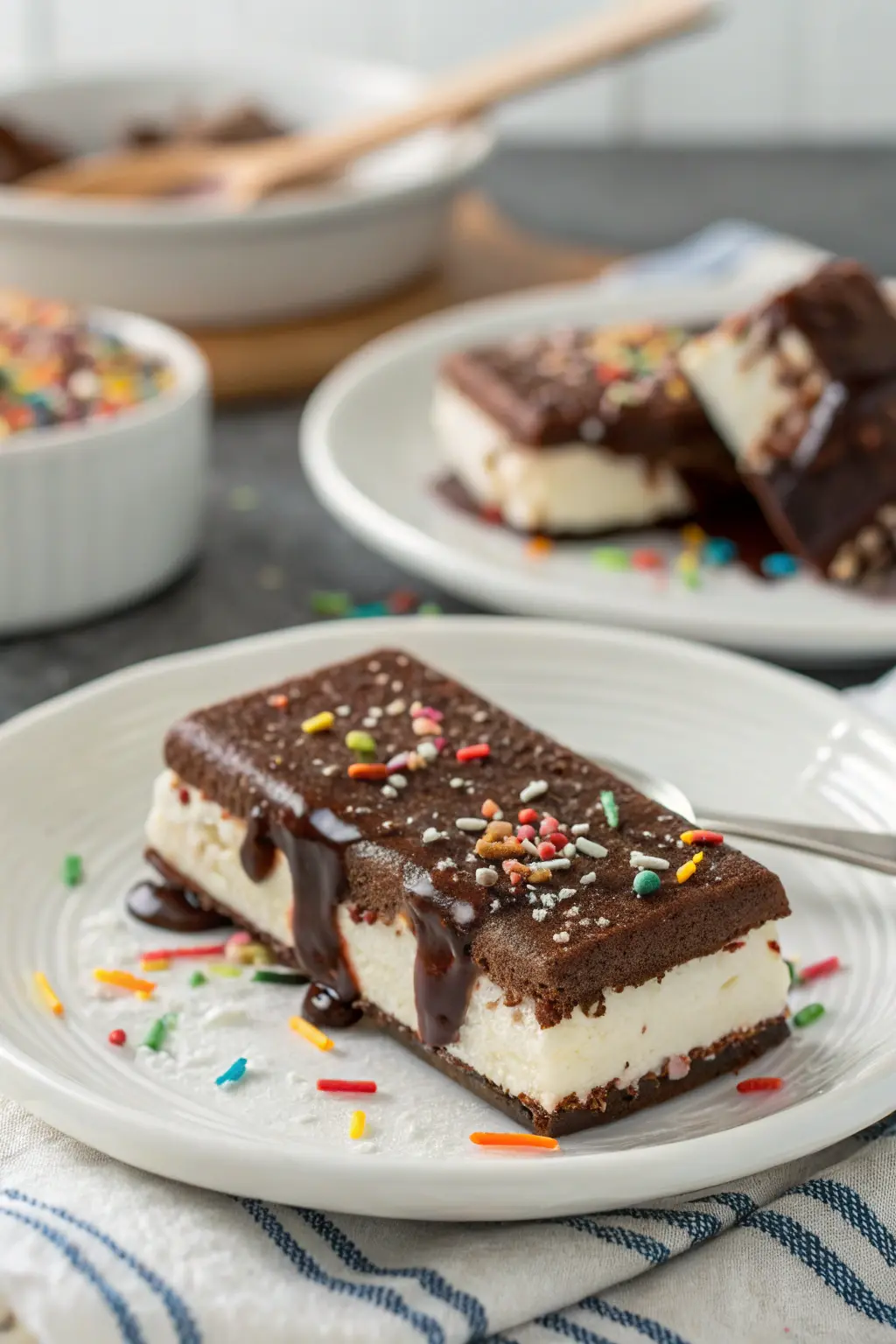 A delicious plate of Hot Fudge Ice Cream Bar Dessert