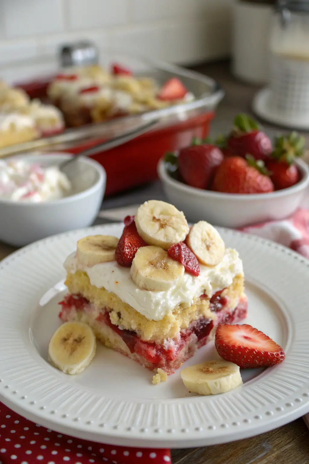 A delicious plate of Banana Split Dump Cake with Strawberries