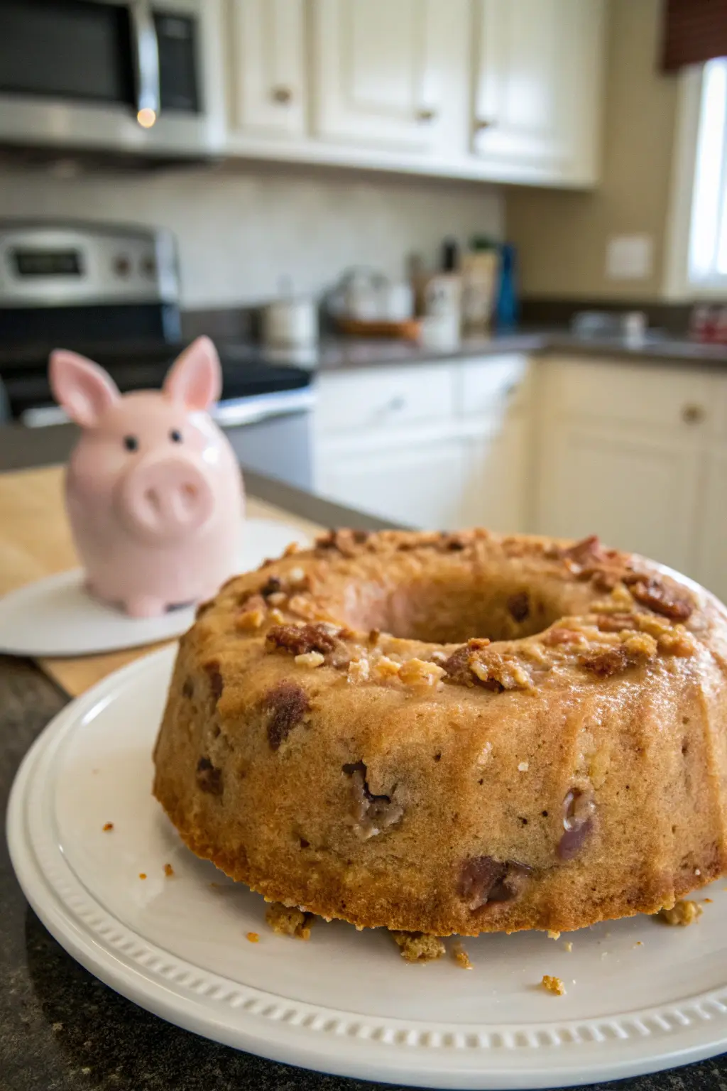 A delicious plate of Piggy Pudding Dessert Cake