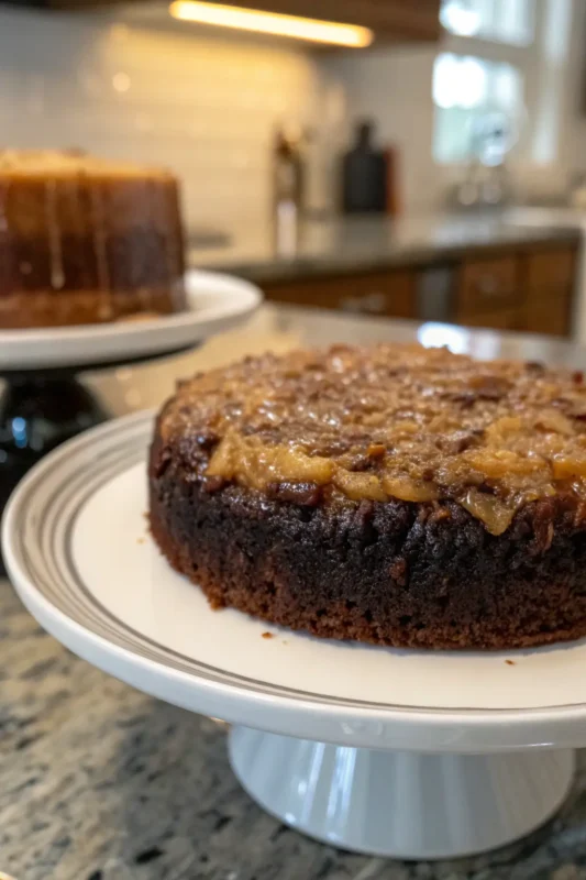 A delicious plate of Upside-Down German Chocolate Cake