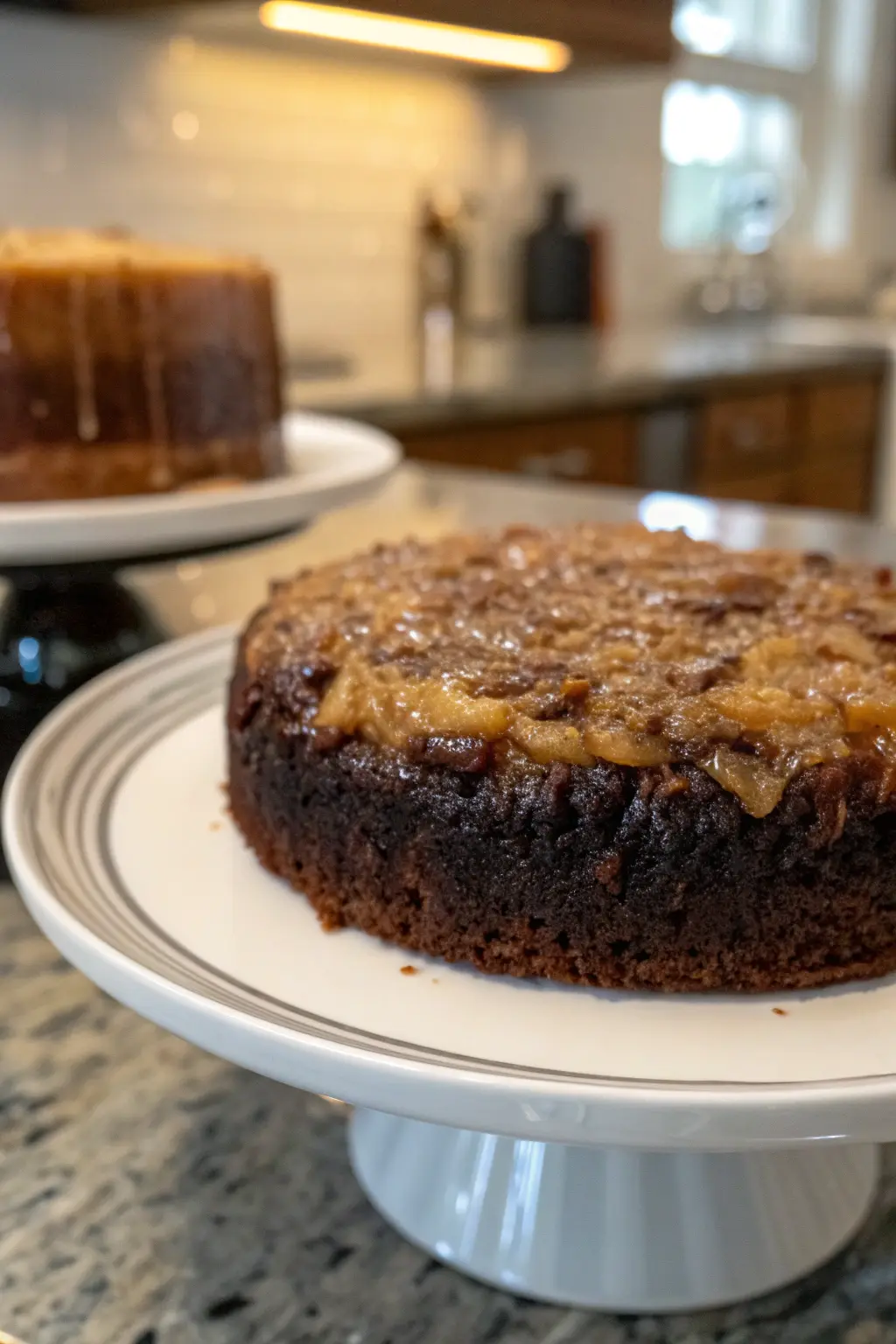 A delicious plate of Upside-Down German Chocolate Cake