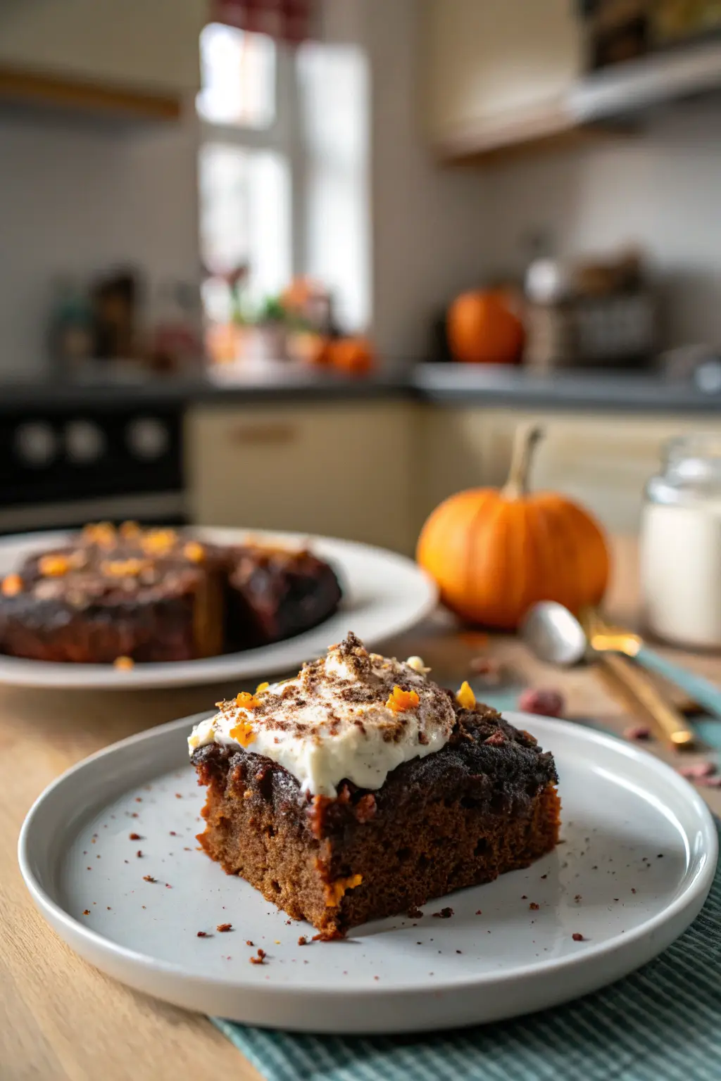 A delicious plate of Pumpkin Chocolate Dessert Cake