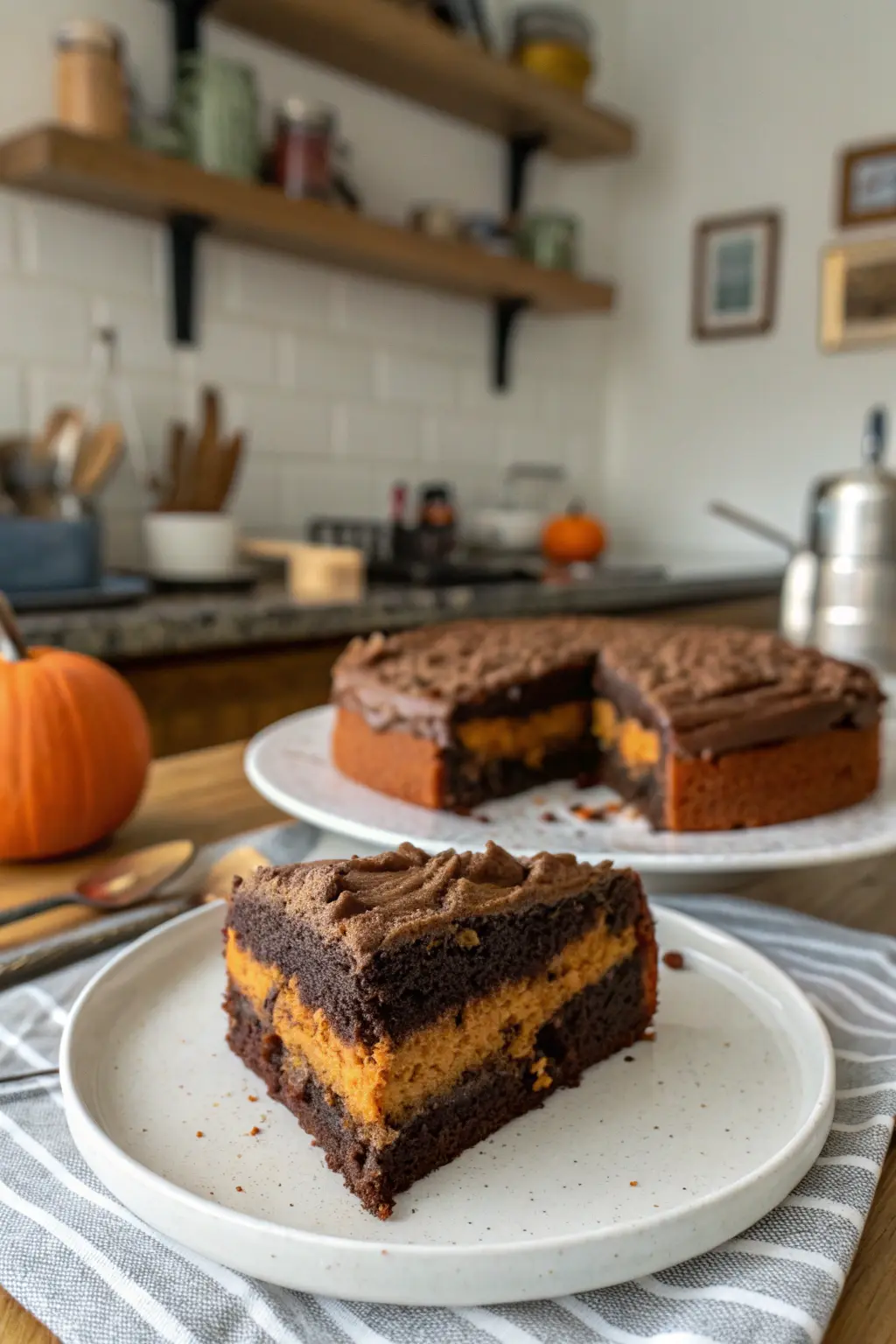 A delicious plate of Pumpkin Chocolate Dessert Cake