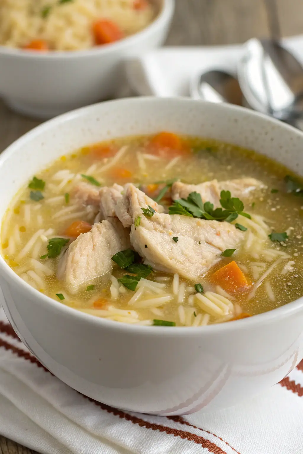 A delicious plate of Easy Chicken, Rice, and Noodle soup