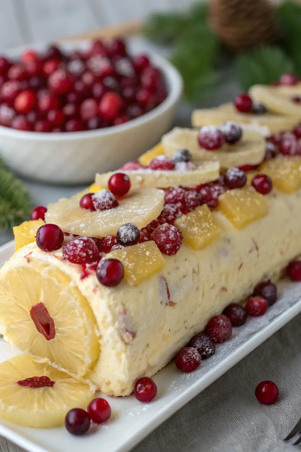 A delicious plate of Pineapple Cranberry Holiday Cheese Log