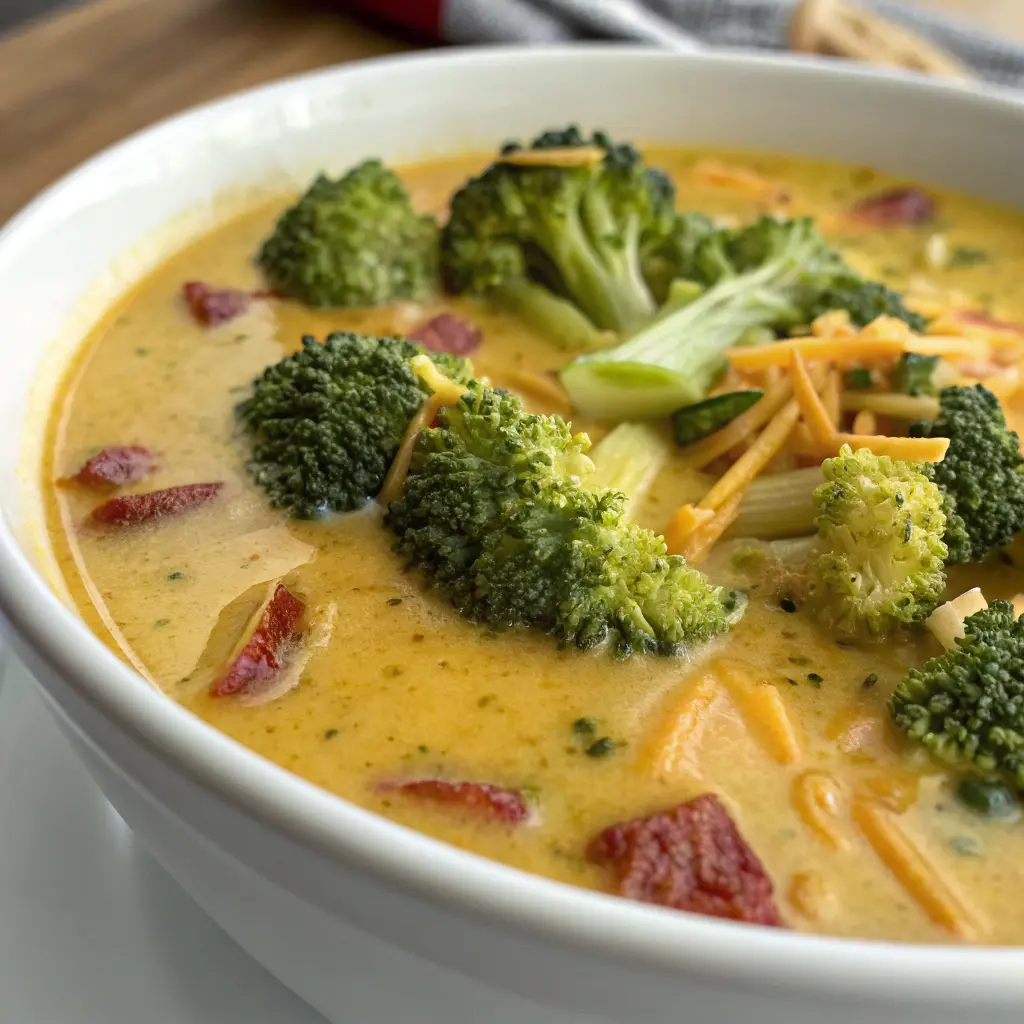 A delicious plate of High Protein Broccoli Cheddar Soup