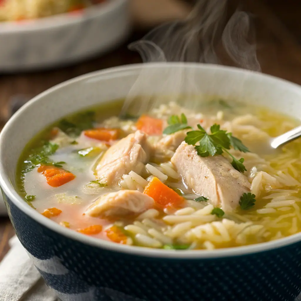 A delicious plate of Easy Chicken, Rice, and Noodle soup