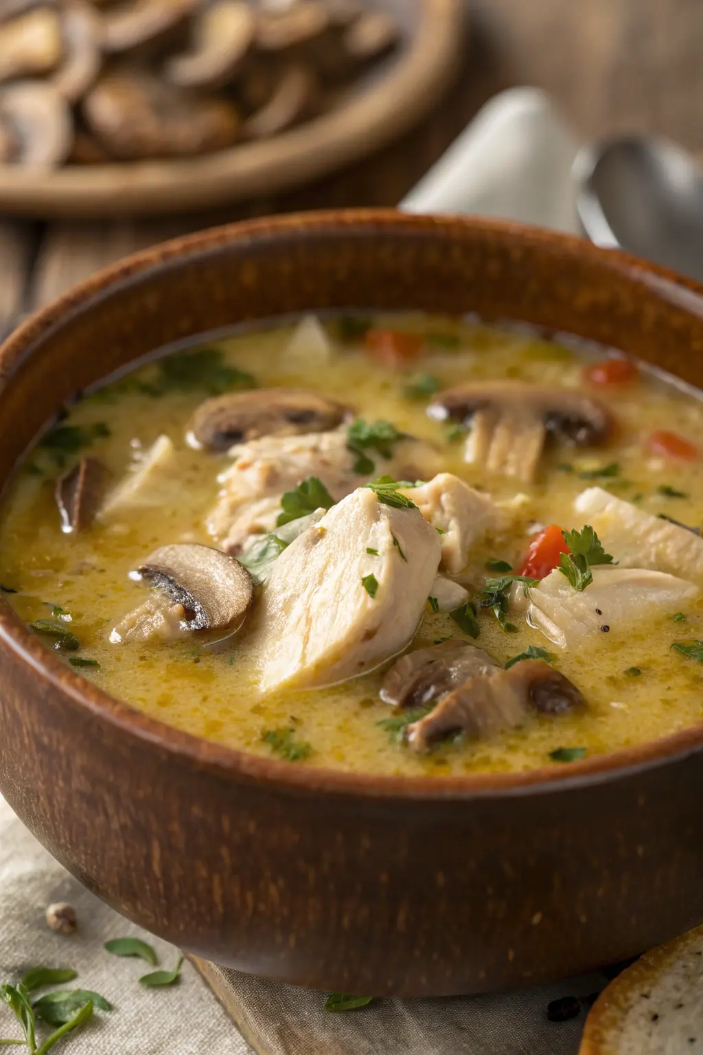 A delicious plate of Creamy Chicken and Mushroom Soup