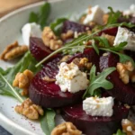 A delicious plate of Roasted Beets with Goat Cheese and Walnuts