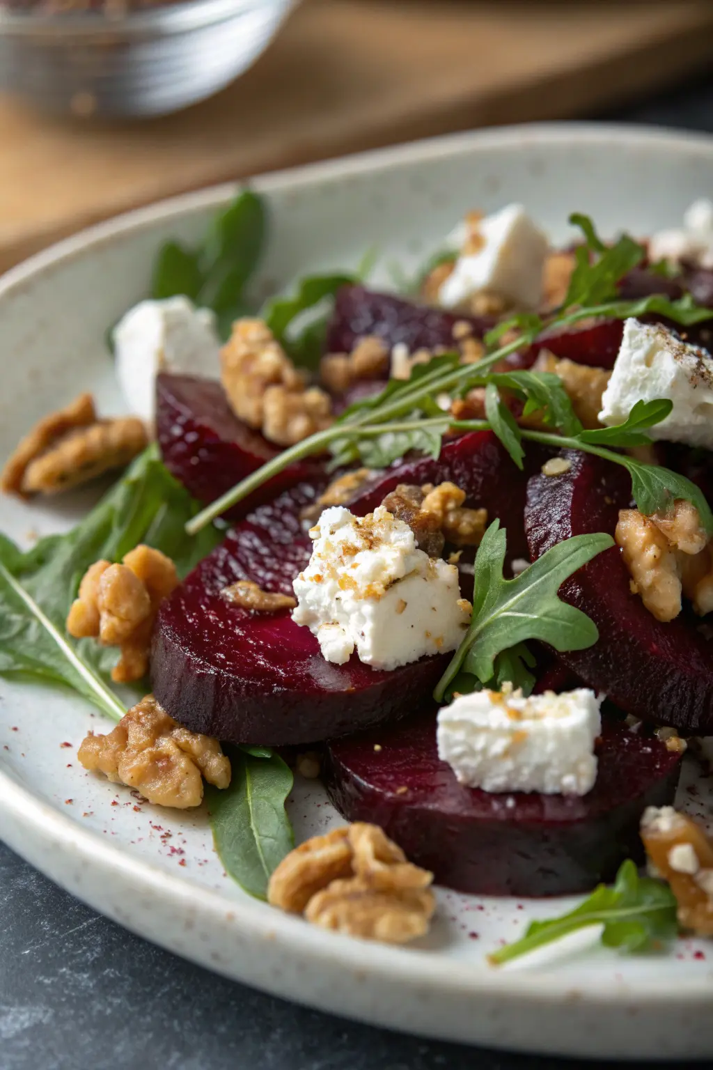 A delicious plate of Roasted Beets with Goat Cheese and Walnuts