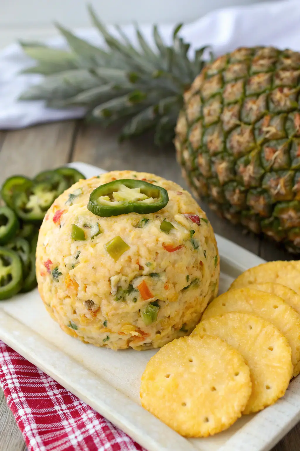 A delicious plate of Pineapple Jalapeno Firecracker New Year’s Cheese Ball