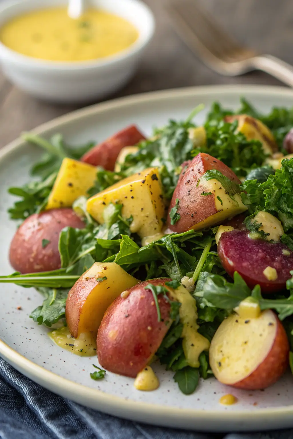 A delicious plate of Potato and Mustard Greens Salad