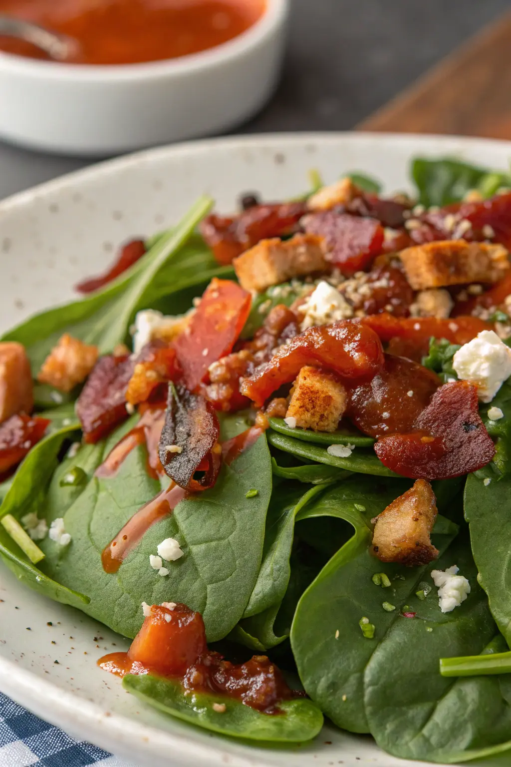 A delicious plate of Spinach Salad with Hot Bacon Dressing
