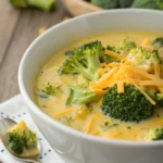 A delicious plate of High Protein Broccoli Cheddar Soup