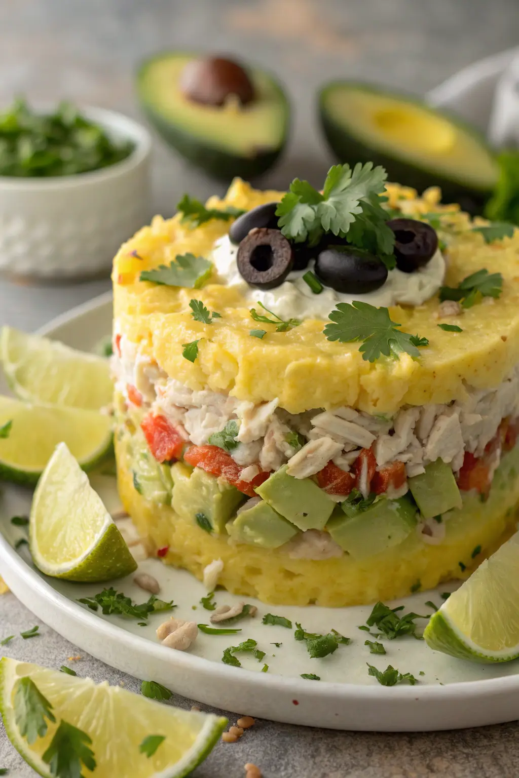 A delicious plate of Peruvian Potato-Chicken Salad (Causa Rellena)