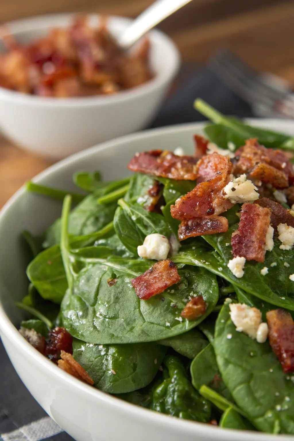 A delicious plate of Spinach Salad with Hot Bacon Dressing