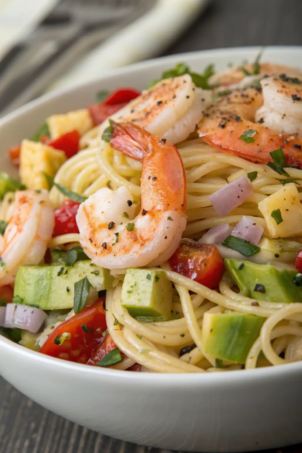 A delicious plate of Shrimp Pasta Salad