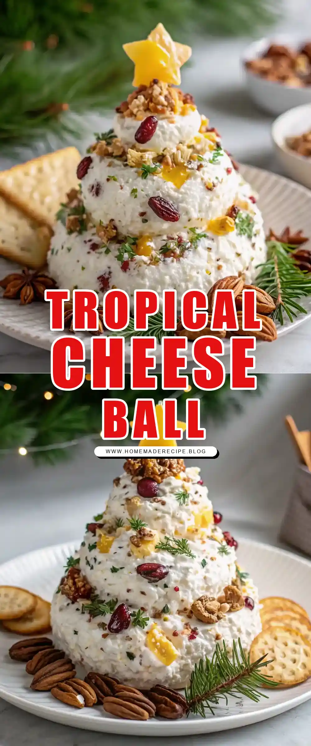 Pinterest pin 1 (Design 1) for Tropical Cheese Ball Christmas Tree with Pecans