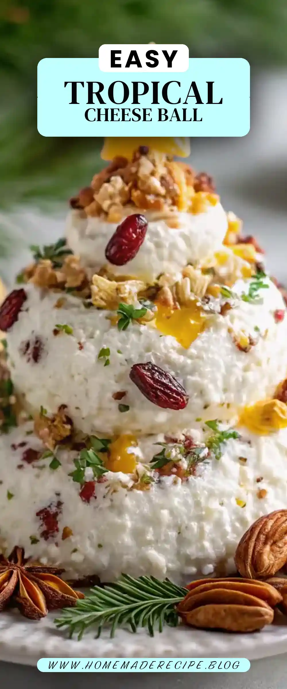Pinterest pin 2 (Design 2) for Tropical Cheese Ball Christmas Tree with Pecans