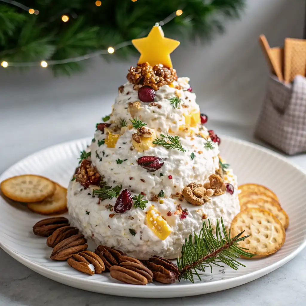 A delicious plate of Tropical Cheese Ball Christmas Tree with Pecans