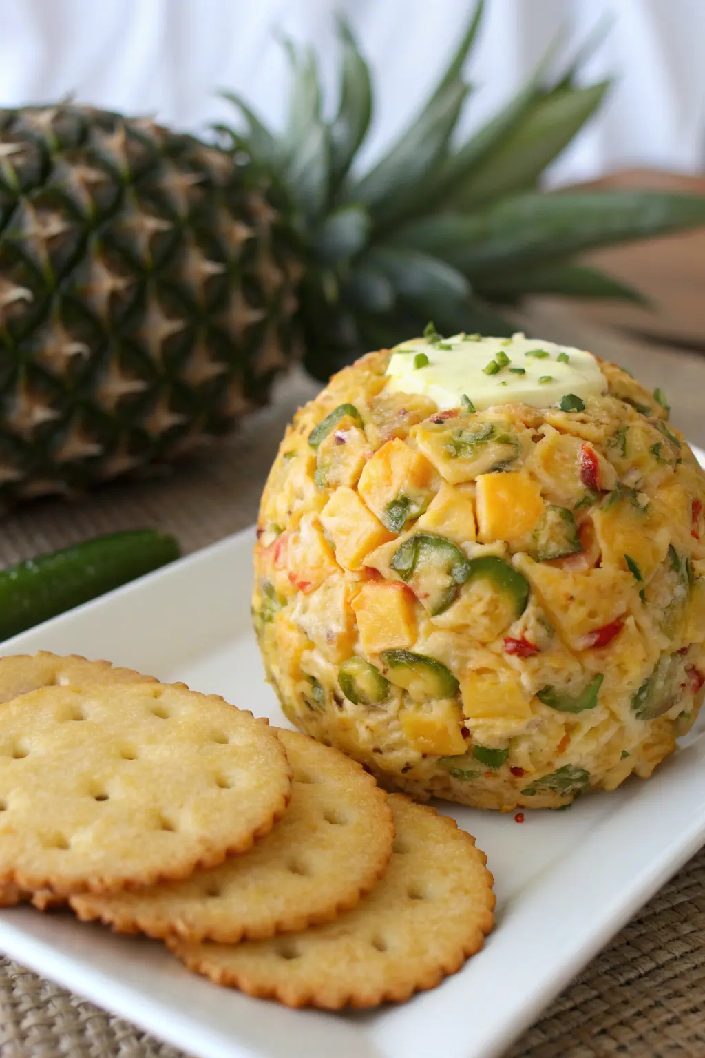 A delicious plate of Pineapple Jalapeno Firecracker New Year’s Cheese Ball