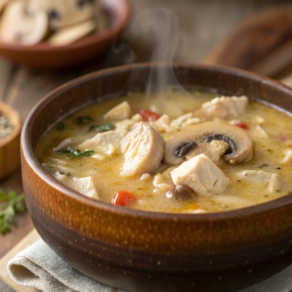 A delicious plate of Creamy Chicken and Mushroom Soup