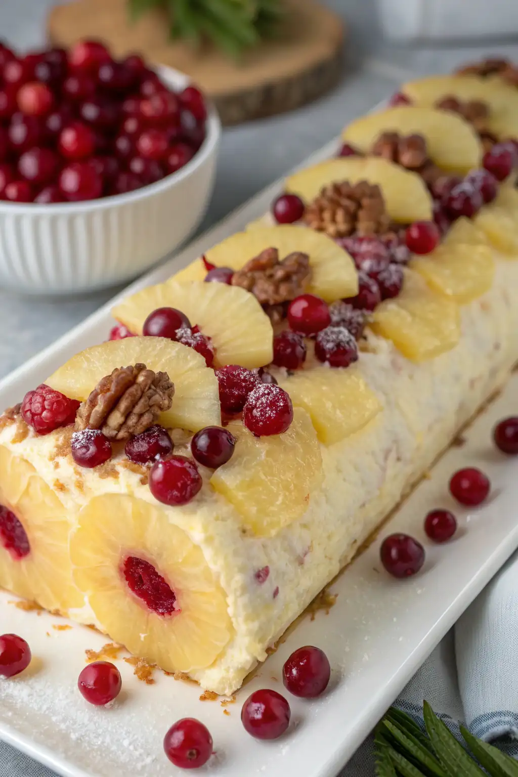 A delicious plate of Pineapple Cranberry Holiday Cheese Log