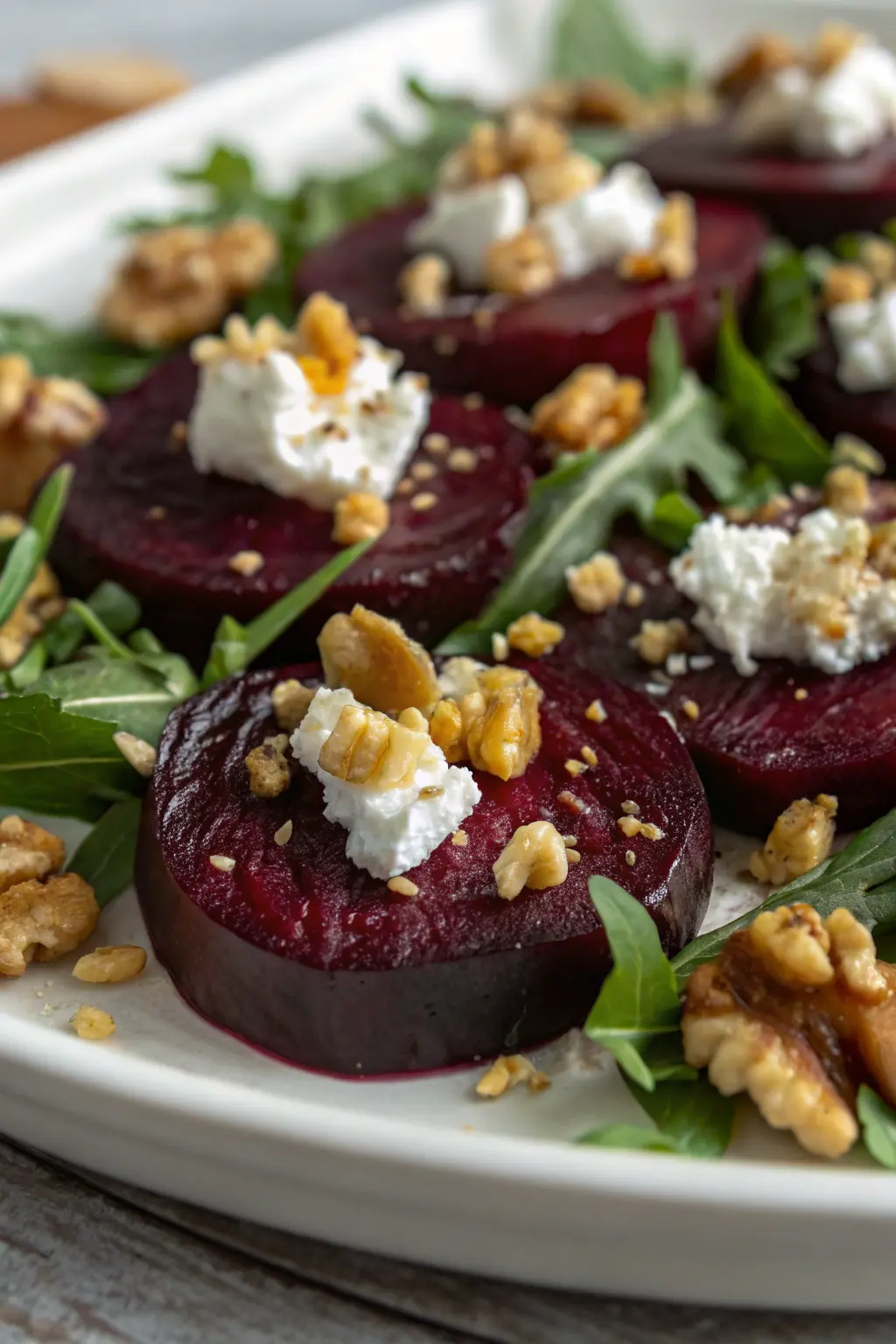 A delicious plate of Roasted Beets with Goat Cheese and Walnuts