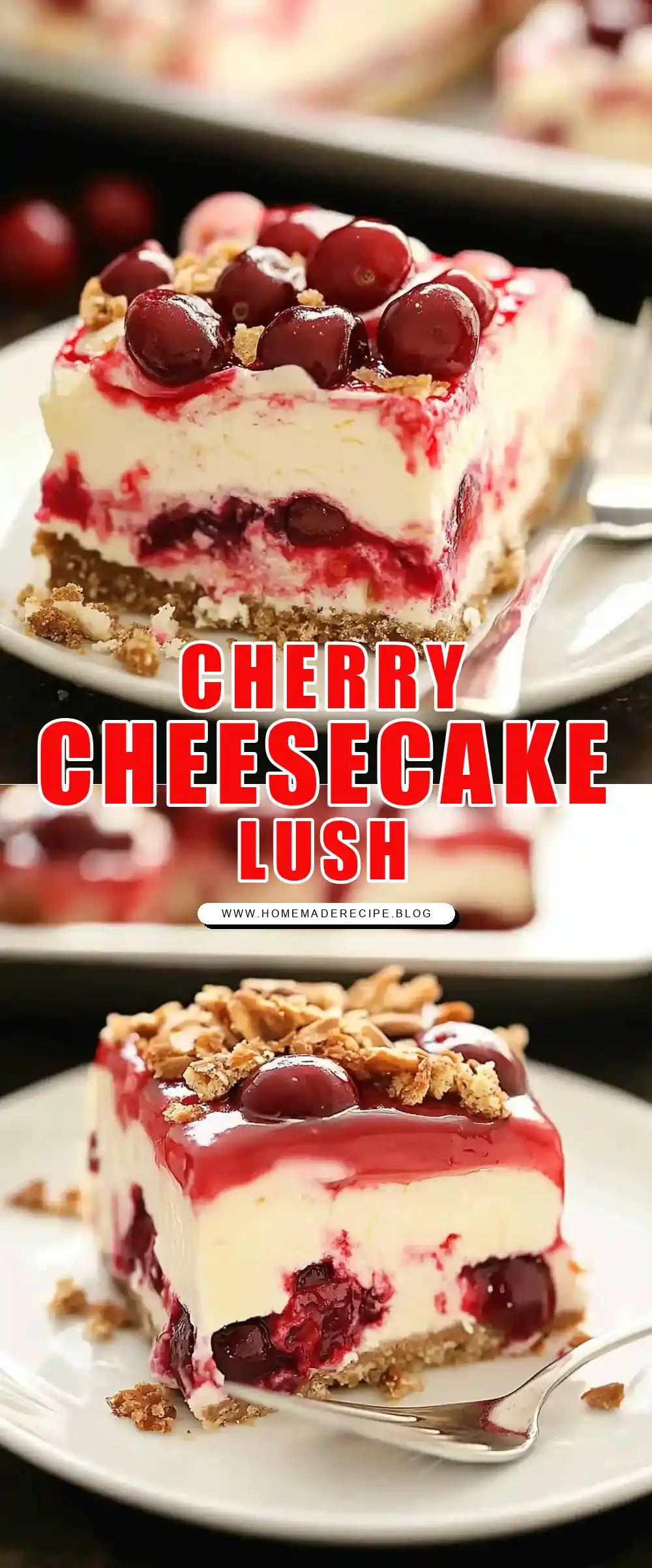 Pinterest pin (Design 1) for Layered Cherry Cheesecake Lush Dessert Recipe