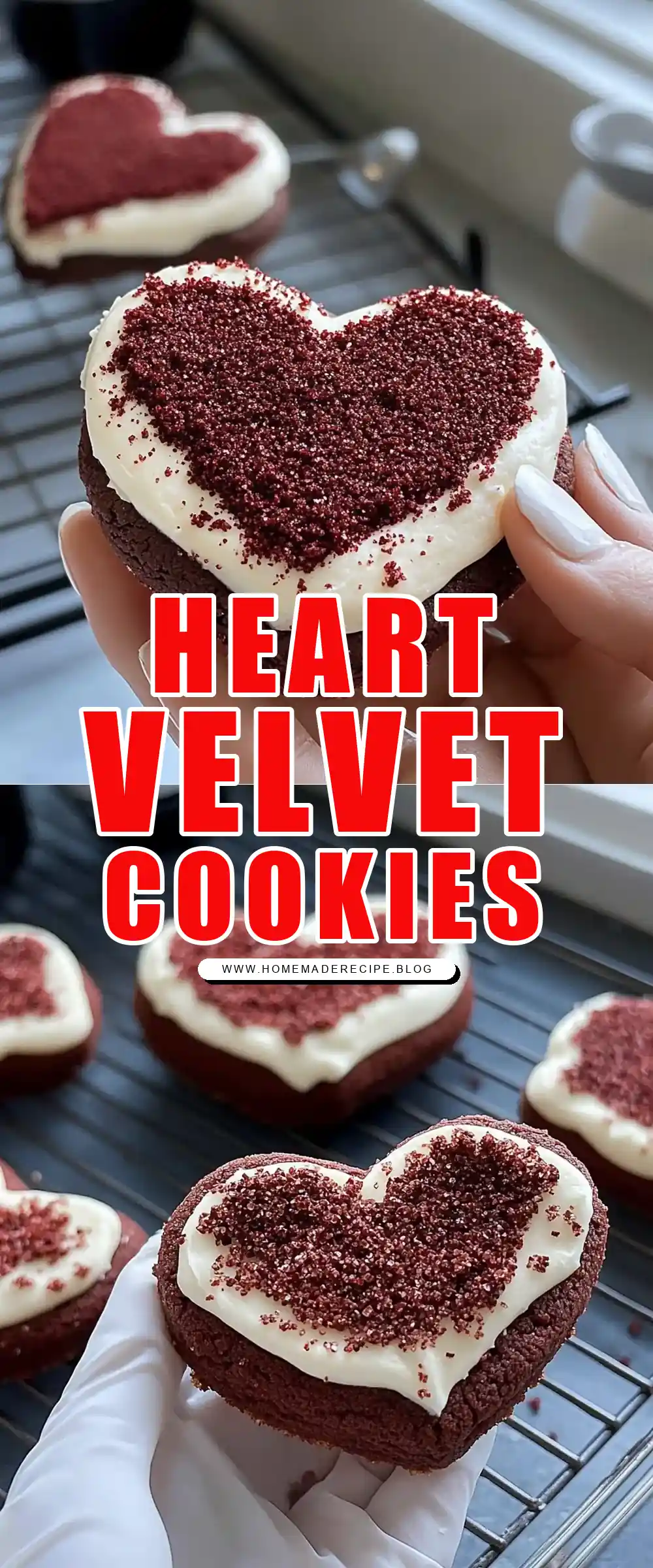 Pinterest pin (Design 1) for Heart Shaped Red Velvet Frosted Cookies