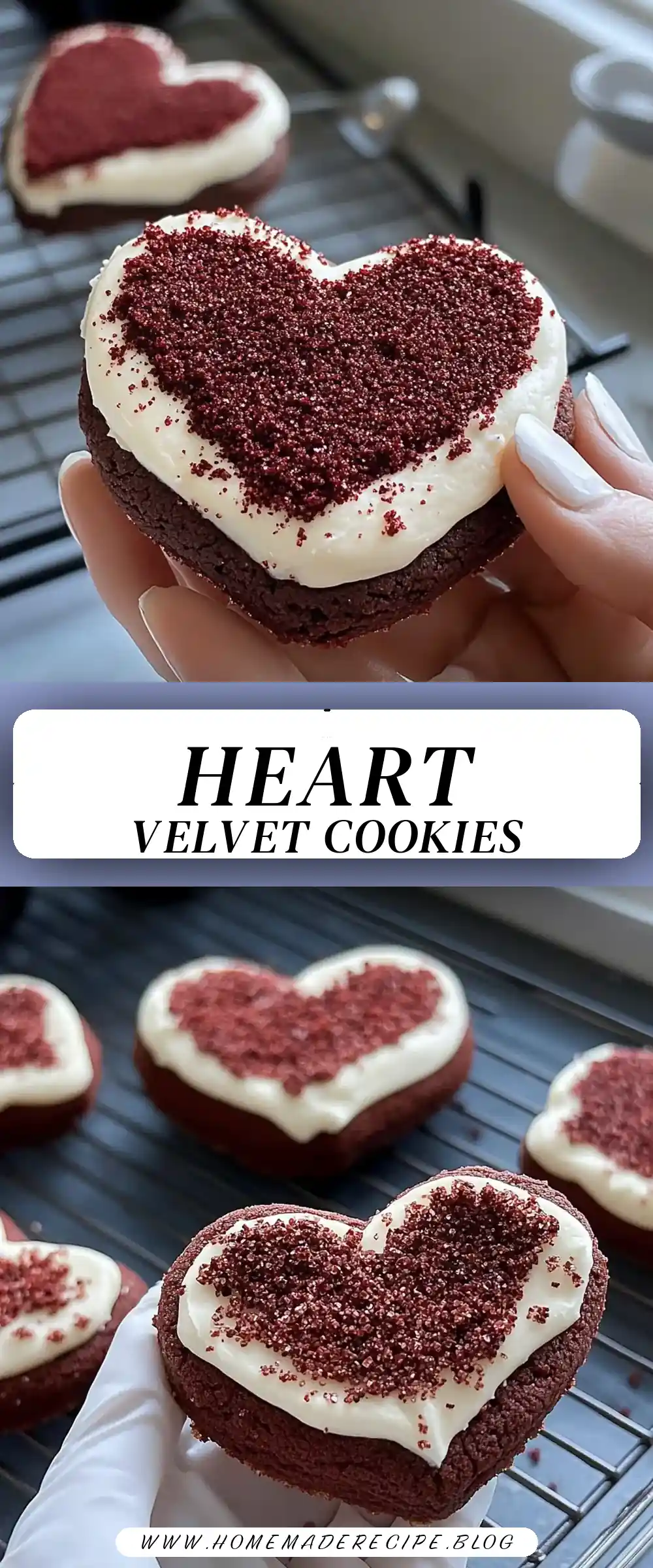 Pinterest pin (Design 3) for Heart Shaped Red Velvet Frosted Cookies