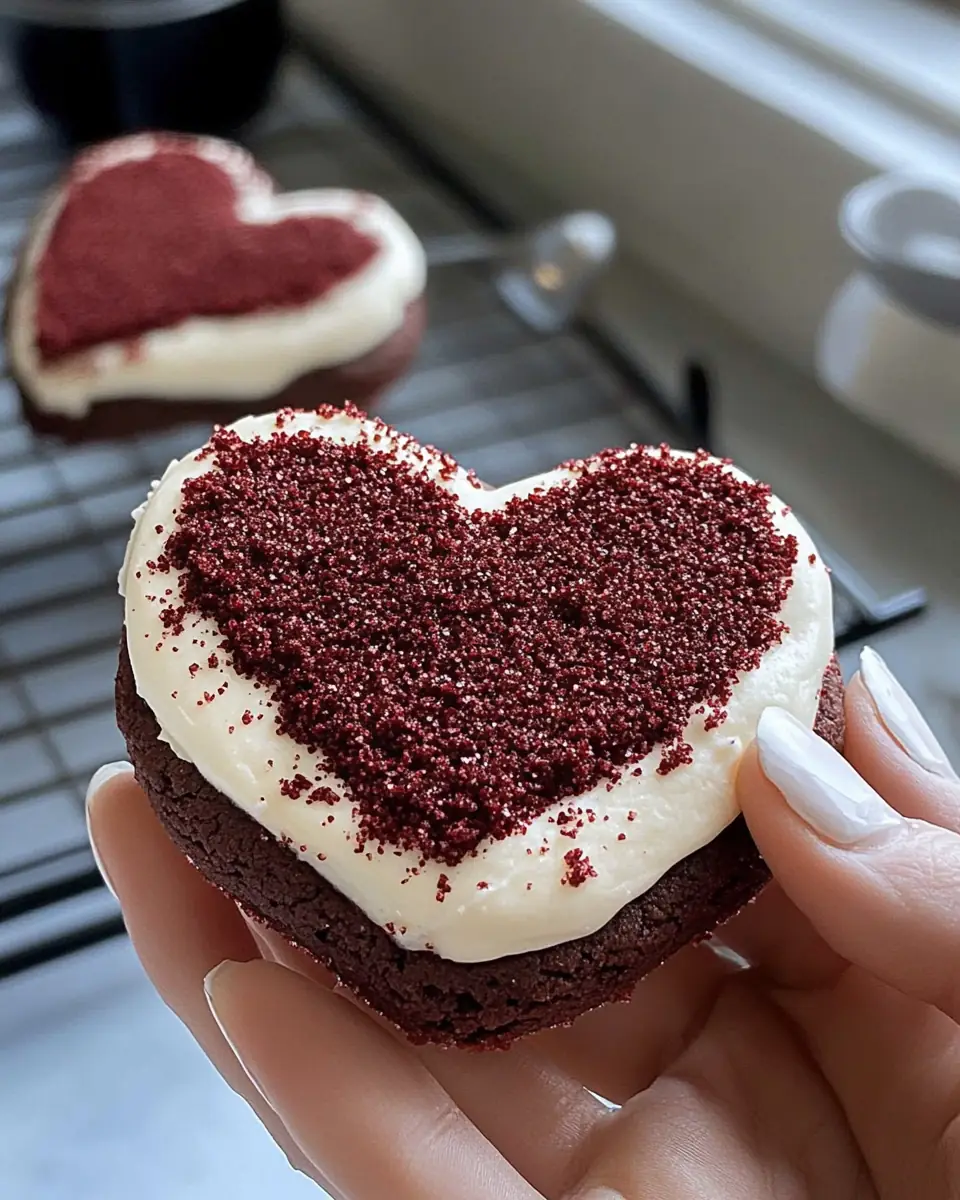 A delicious plate of Heart Shaped Red Velvet Frosted Cookies