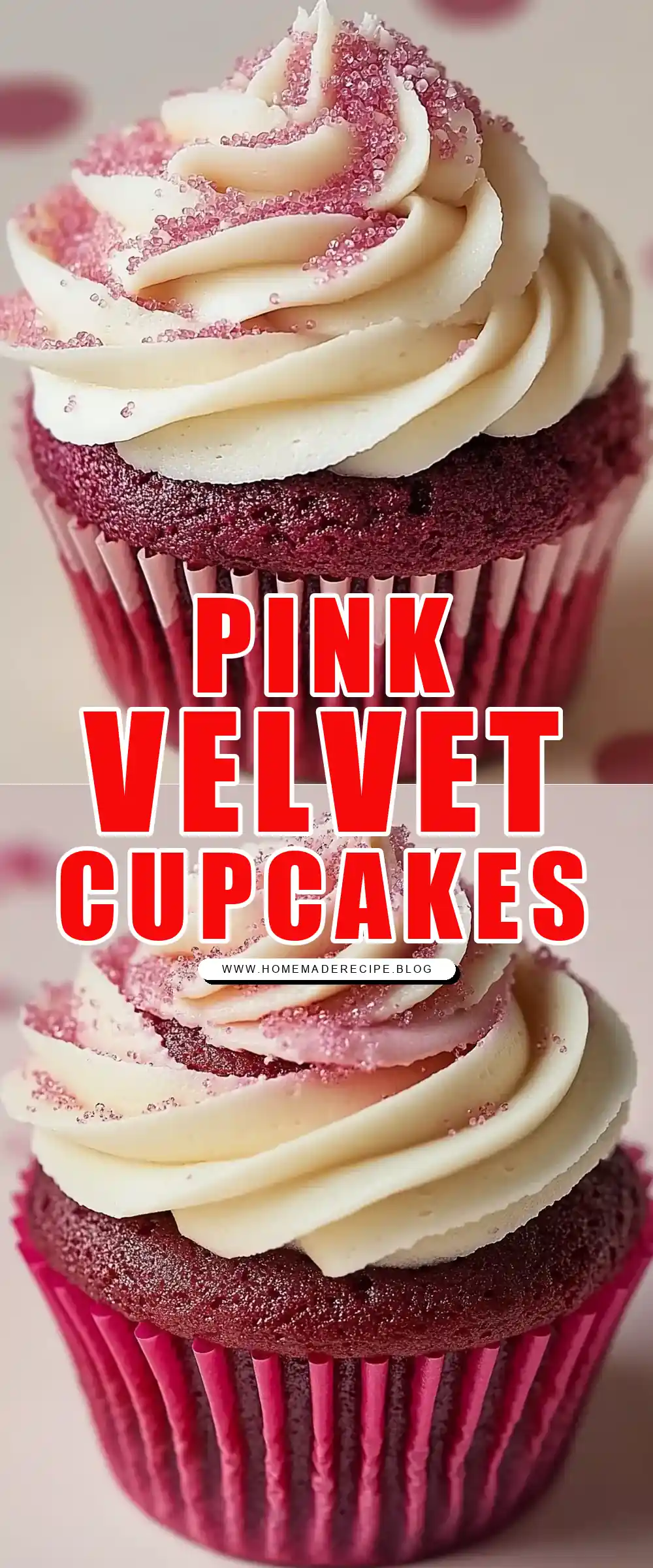 Pinterest pin (Design 1) for Pink Velvet Cupcakes with Vanilla Buttercream Frosting