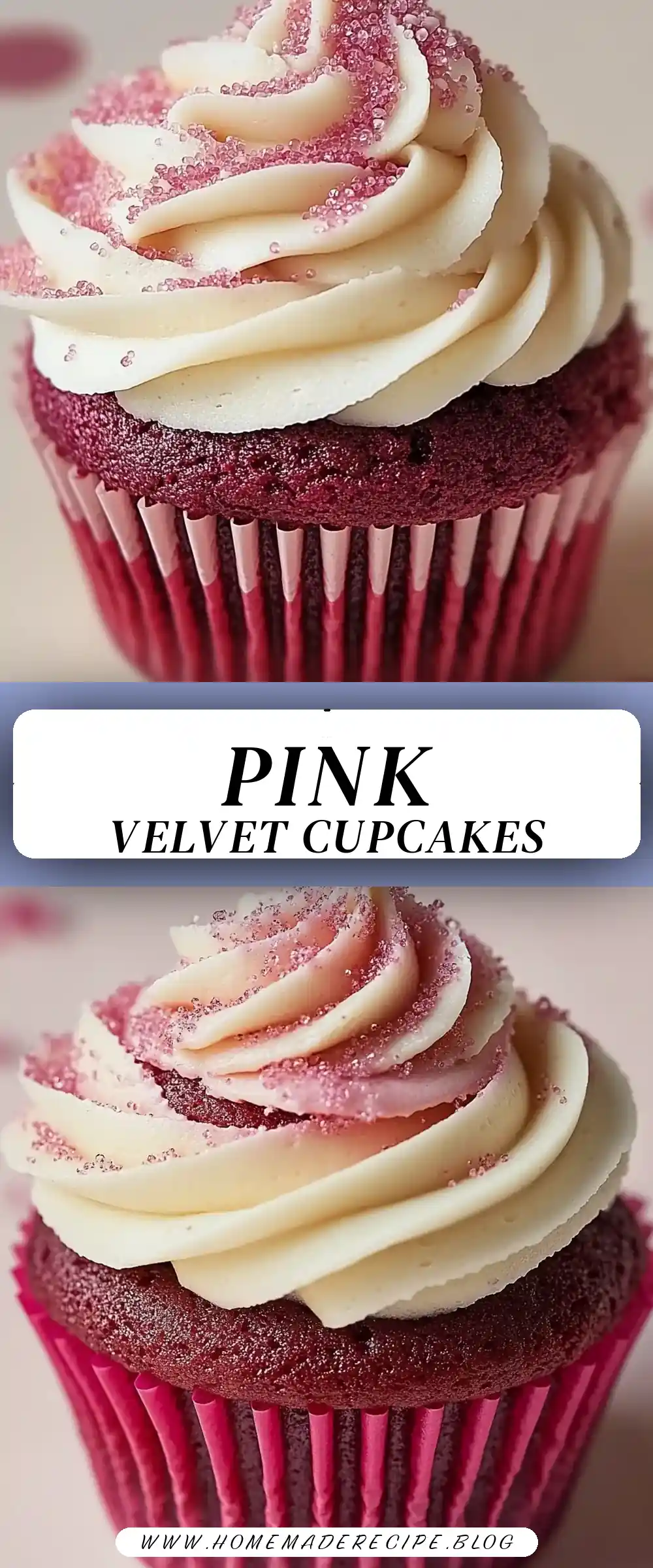 Pinterest pin (Design 3) for Pink Velvet Cupcakes with Vanilla Buttercream Frosting