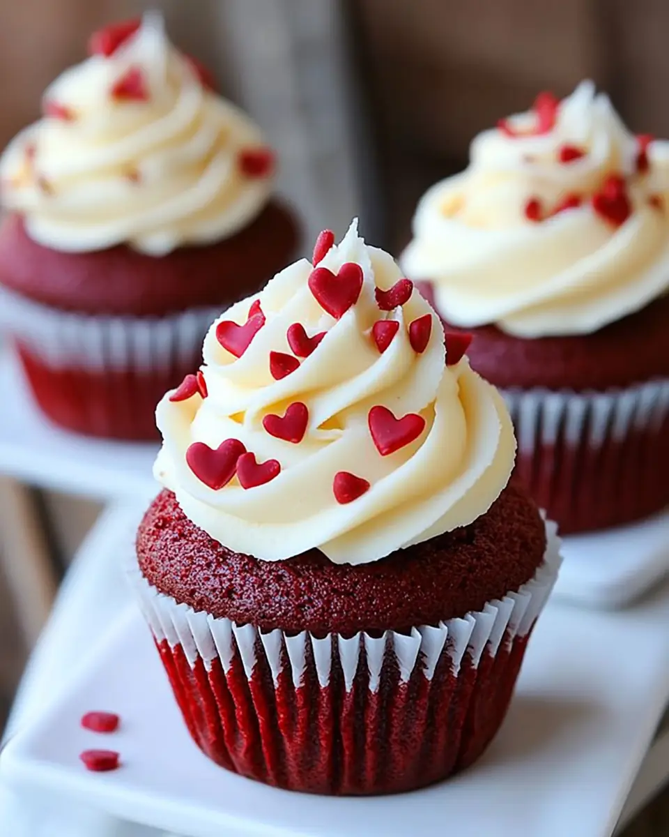 A delicious plate of Red Velvet Cupcakes with White Chocolate Mousse