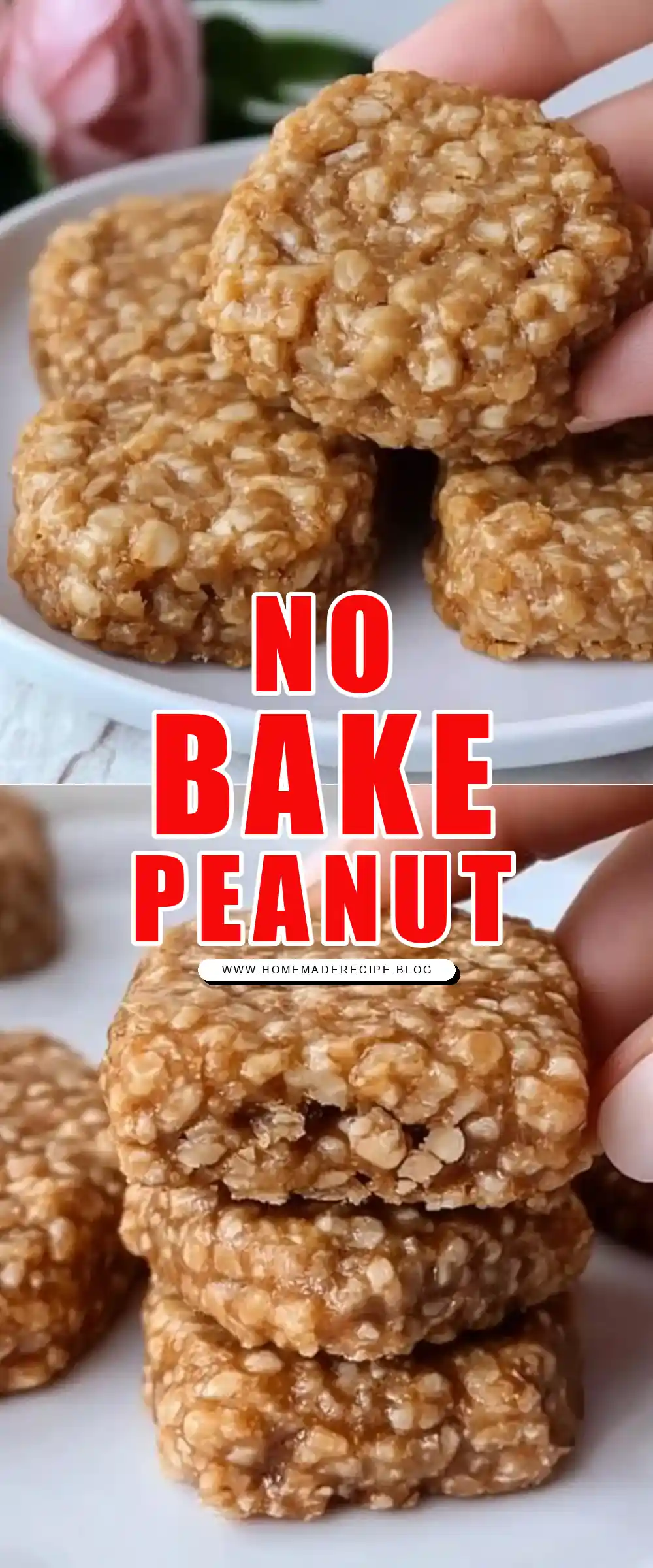 Pinterest pin (Design 1) for Peanut Butter No Bake Cookies no oven