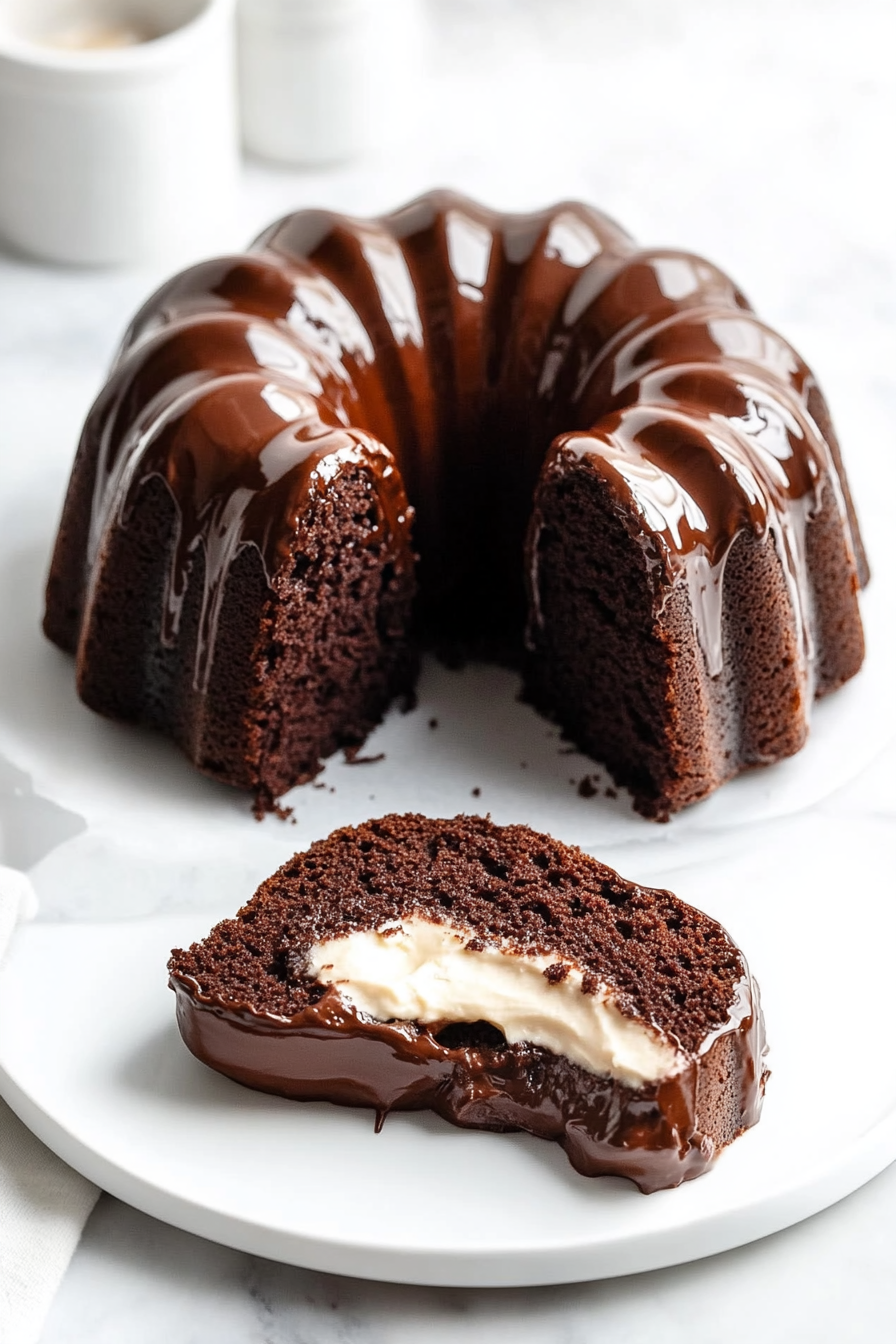 A delicious plate of Blackout Chocolate Bundt Cake with Chocolate Ganache Glaze