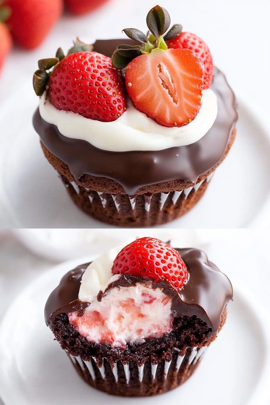 A delicious plate of Chocolate Covered Strawberry Cupcakes