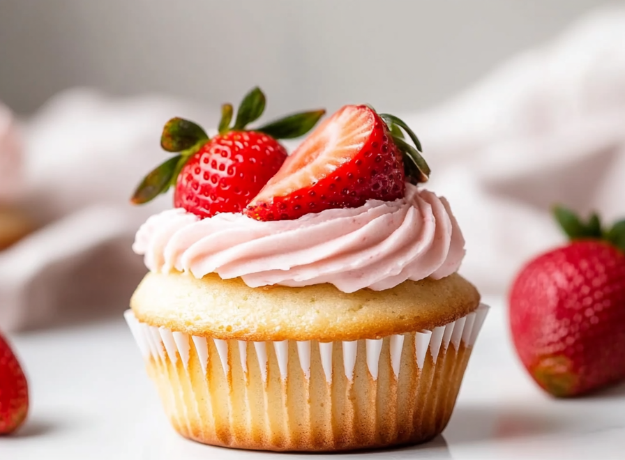 A delicious plate of Prosecco Cupcakes with Strawberry Buttercream Frosting