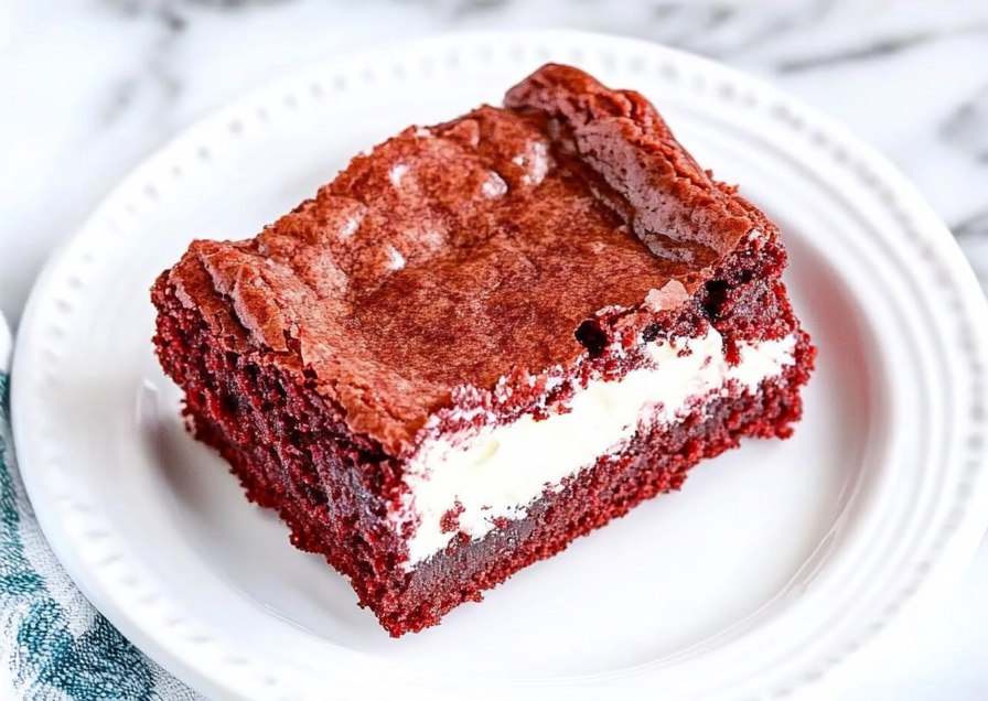 A delicious plate of Red Velvet Cream Cheese Brownies
