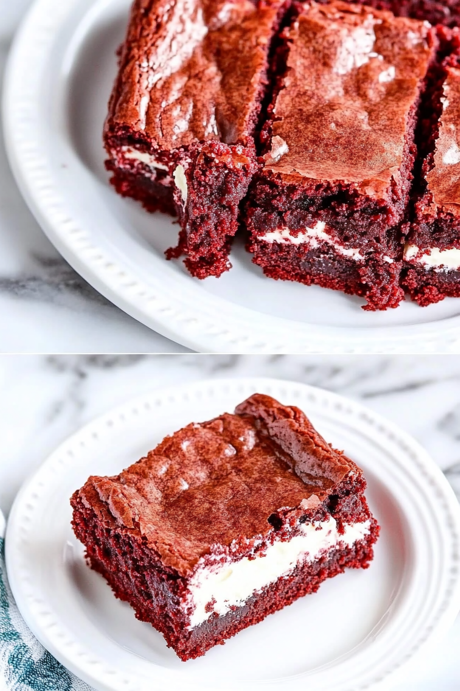 A delicious plate of Red Velvet Cream Cheese Brownies