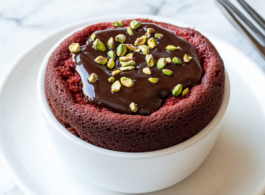 A delicious plate of Red Velvet Molten Lava Mug Cake