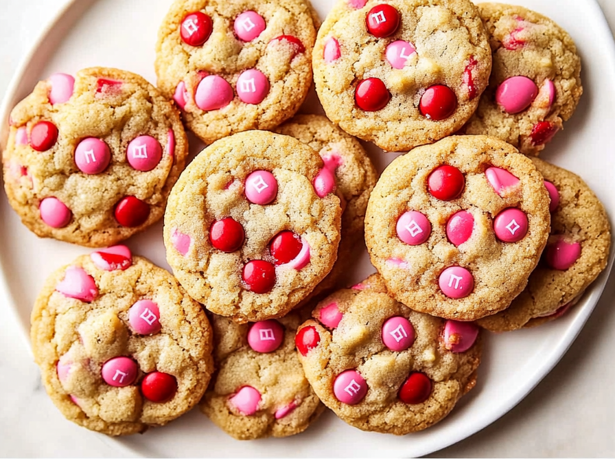 A delicious plate of Valentine’s Day M&M Cookies