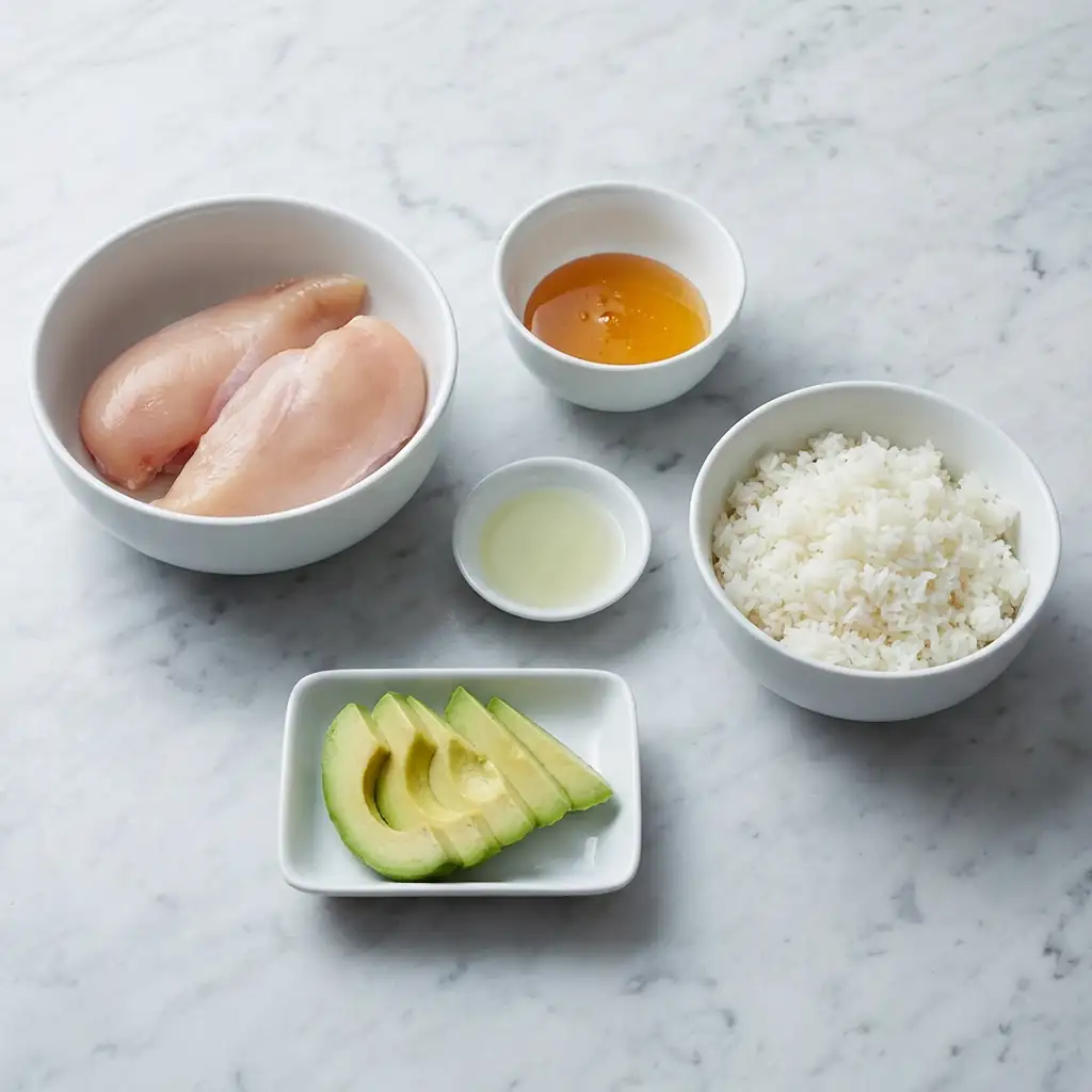 Ingredients for Honey Lime Chicken & Avocado Rice Stack