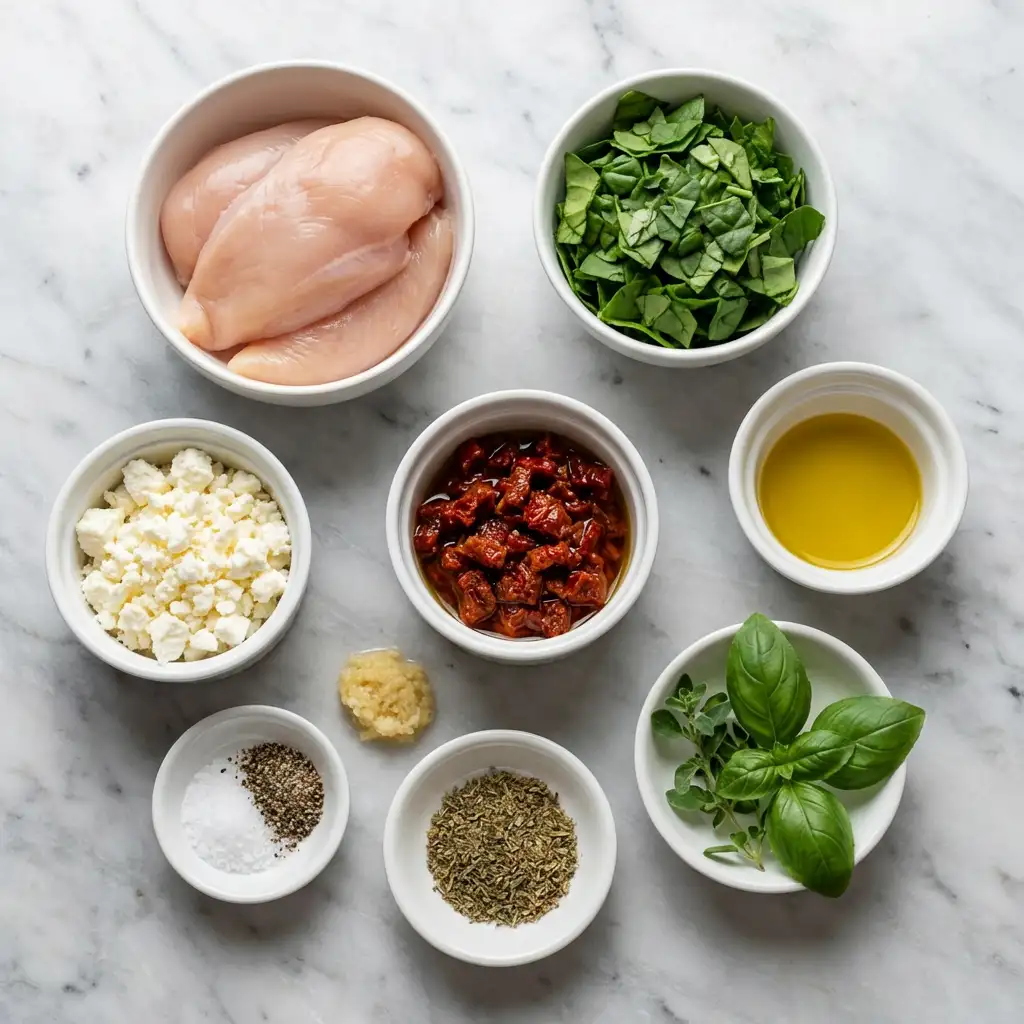 Ingredients for Rolled Up Chicken with Feta, Spinach, and Sun-Dried Tomatoes