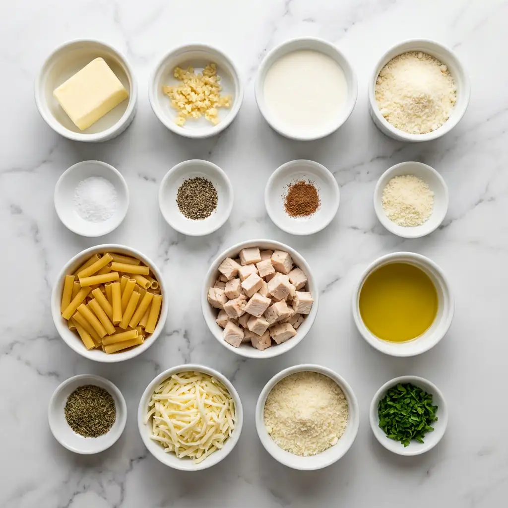 Ingredients for Chicken Alfredo Baked Ziti