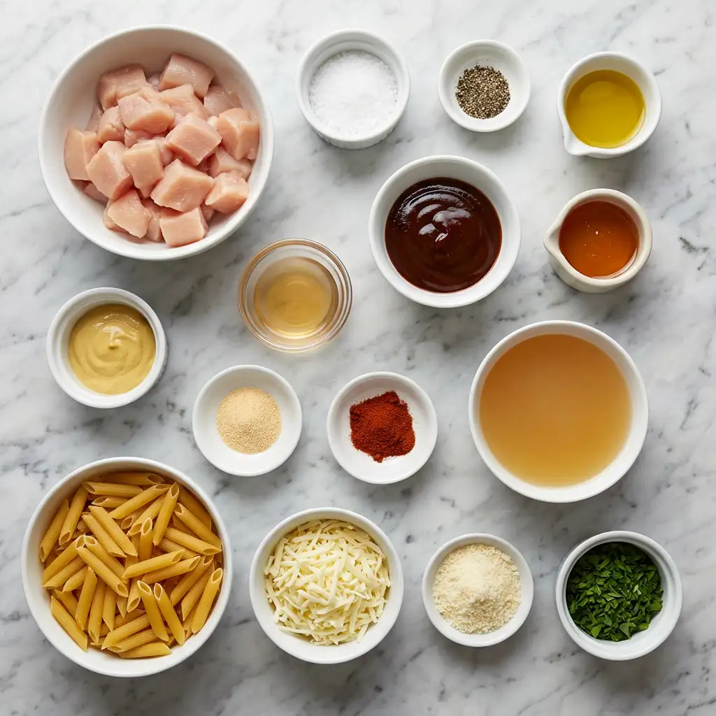 Ingredients for One-Pan Tangy Honey BBQ Chicken Penne