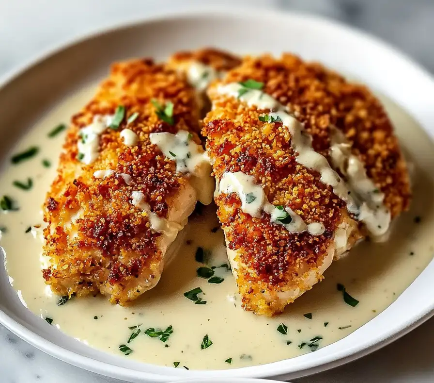 Parmesan Crusted Chicken with Creamy Garlic Sauce
