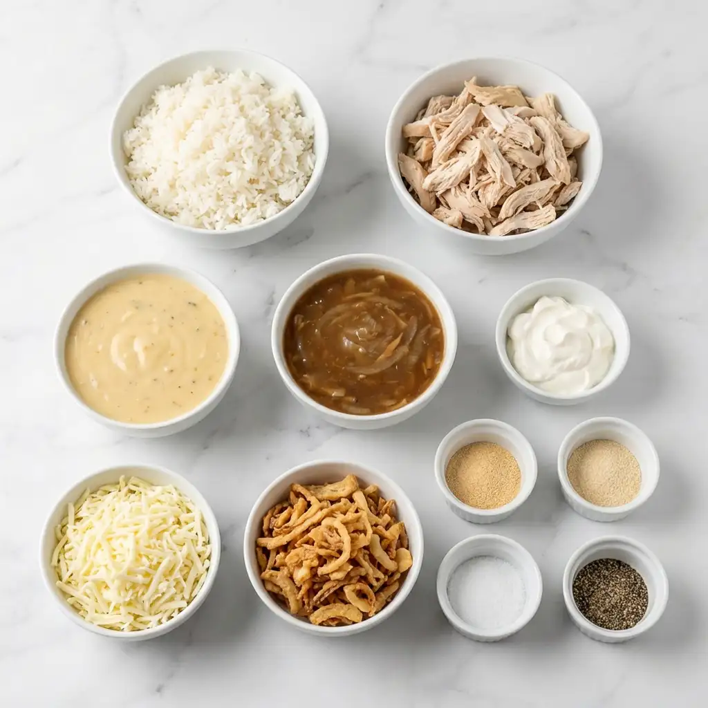 Ingredients for Cozy French Onion Chicken Rice Bake