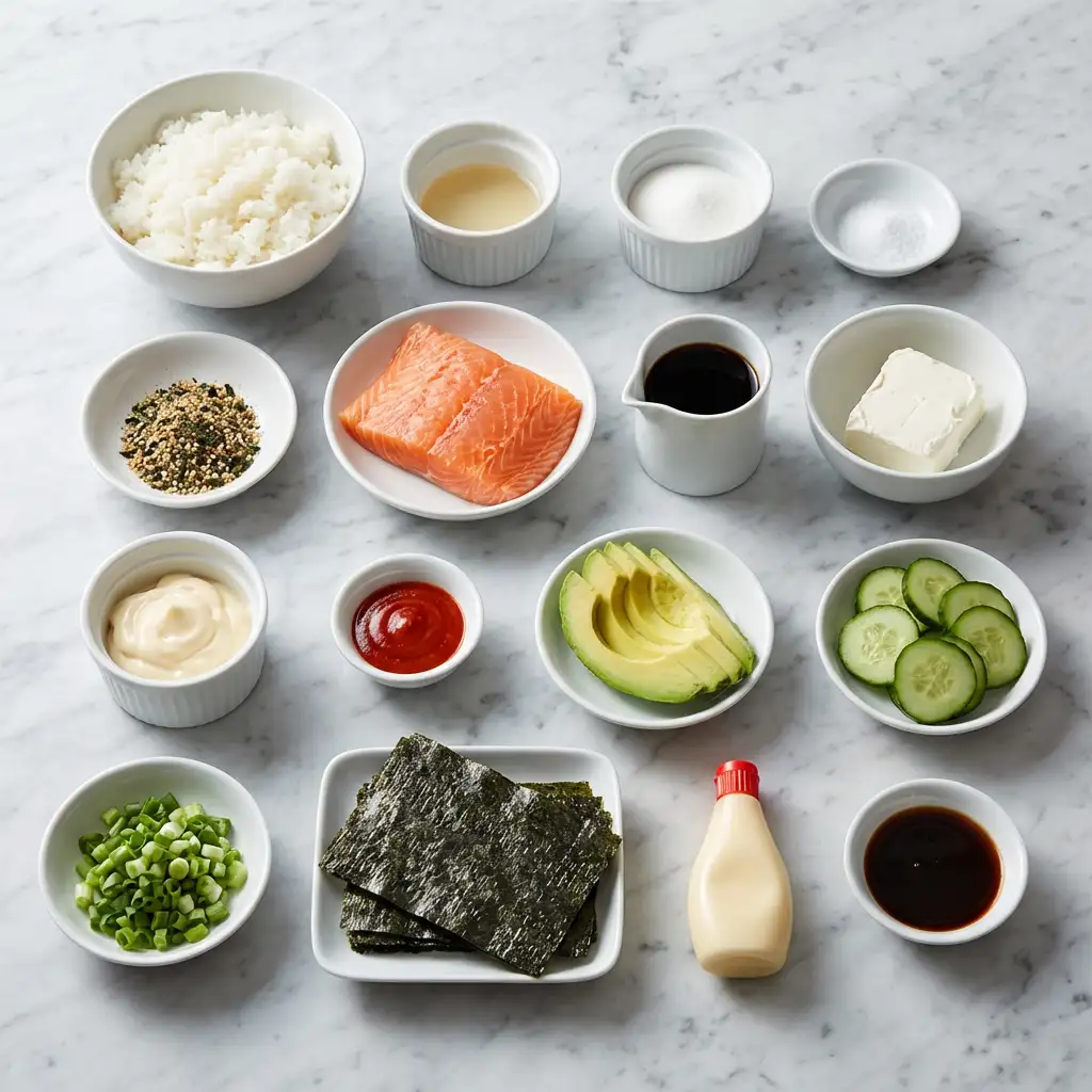 Ingredients for Spicy Salmon Sushi Bake